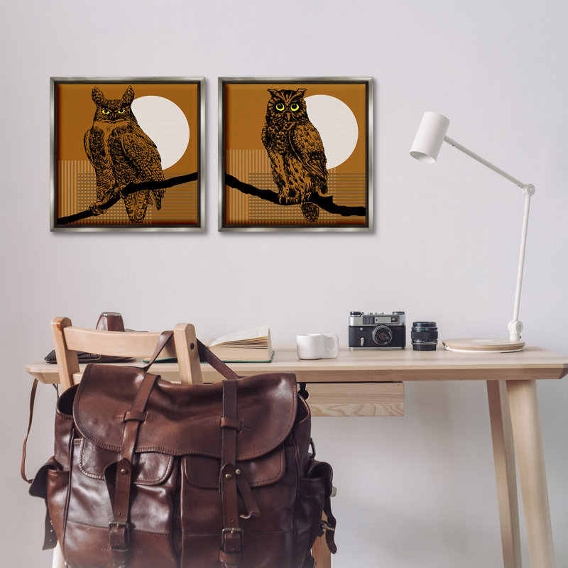 «Full Moon Owls on Branch», ensemble de 2 toiles flottantes encadrées par Regina Moore, Cadre flottant gris lustré