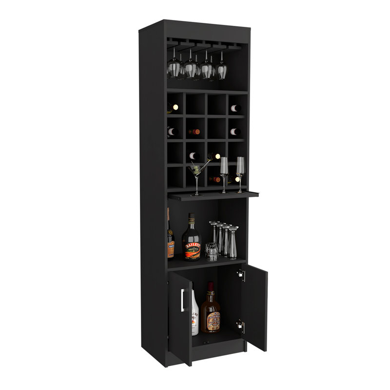 Bar, porte double, deux tablettes, seize porte-bouteilles encastrés