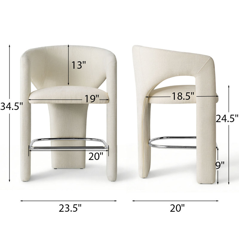 24.5" Modern Upholstered Counter Height Bar Stools Set Of 2 With Silver Footrest For Kitchen Island, Beige