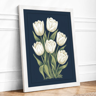 White Tulips On Navy Botanical - Print