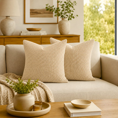 Ensemble de 2 housses de coussin Coco en tissu gaufré, 50 x 50 cm, couleur latte