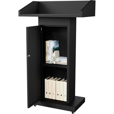 Mobile Podium Stand With Wheels And Side-opening Storage - Standing Lectern
