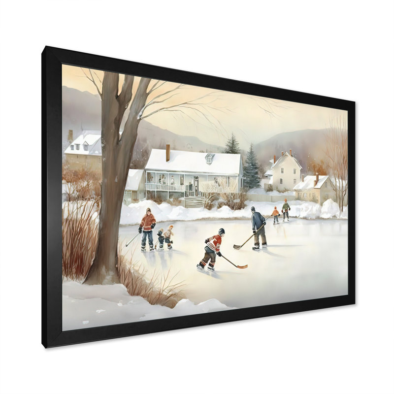 Enfants jouant au hockey en hiver - Décoration murale de hockey sport, Impression noire sur toile encadrée