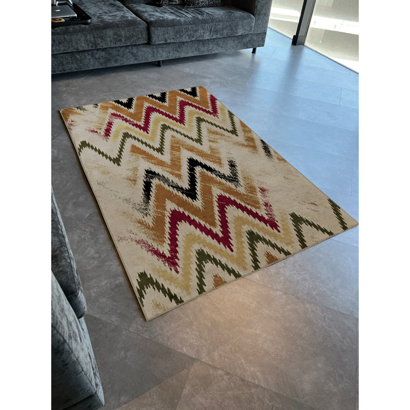 Tapis décoratif moderne multicolore à motif abstrait orange et zigzag, Tapis de couloir 3 pi 3,37 po x 9 pi 10,11 po