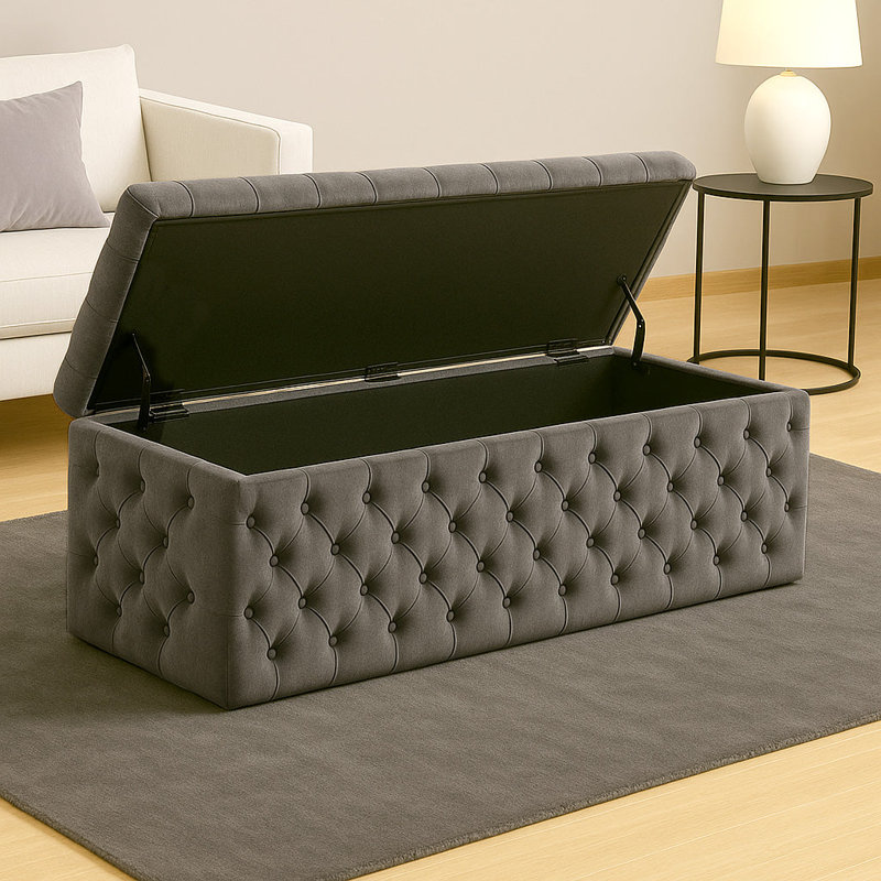 Lux Wide Velvet Chesterfield Rectangle Solid Color Standard Ottoman Box with Storage, 137cm W x 42cm D x 40cm H, Steel Grey