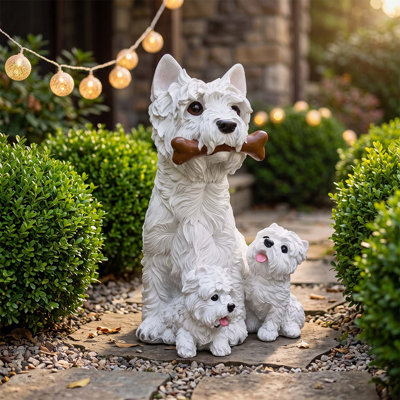 Ensemble de 3 statues de jardin West Highland White Terrier réalistes en résine résistante aux intempéries pour la pelouse et le patio