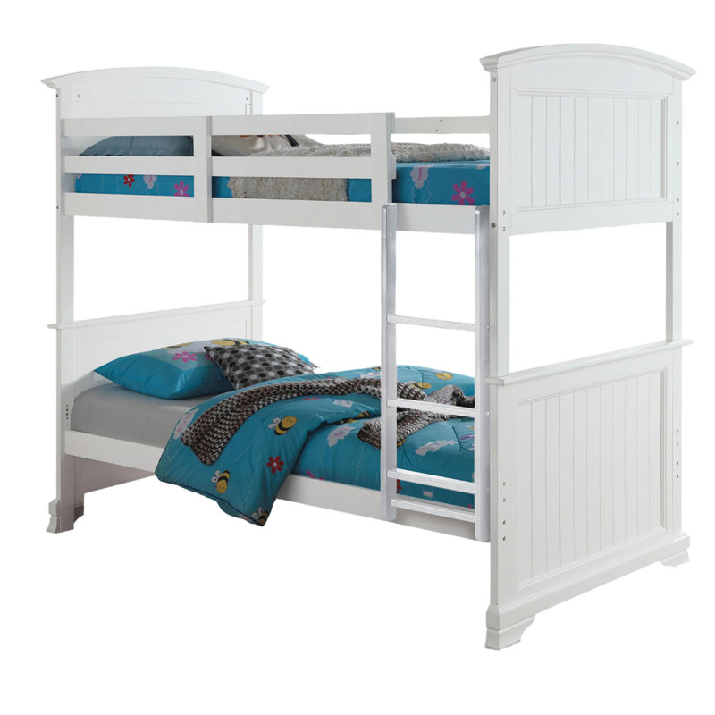Lit simple superposé blanc transitionnel blanc, conception de planche, tête de lit à panneau et, réversible, pieds de support, lit en bois massif d'ingénierie de style, tête de lit,