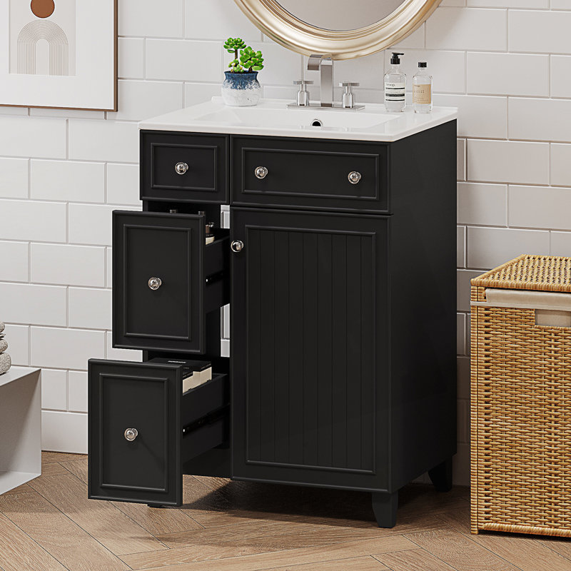 Armoire de salle de bain 1 porte avec lavabo en céramique, Noir