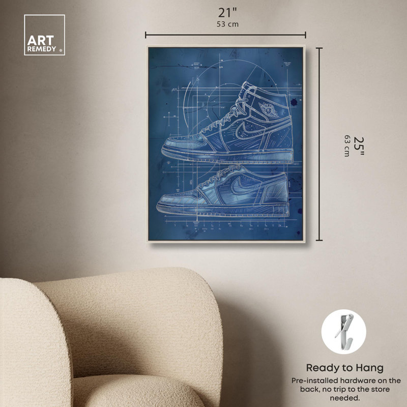 Toile tendance Blue Sneaker par Art Remedy, Encadrement argenté, H 25 po x l 21 po x P 2 po