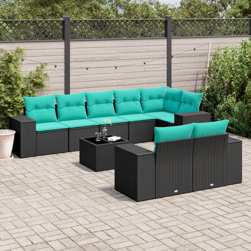  Ensemble de canapé de patio 9 pièces avec coussins en rotin de polyester noir