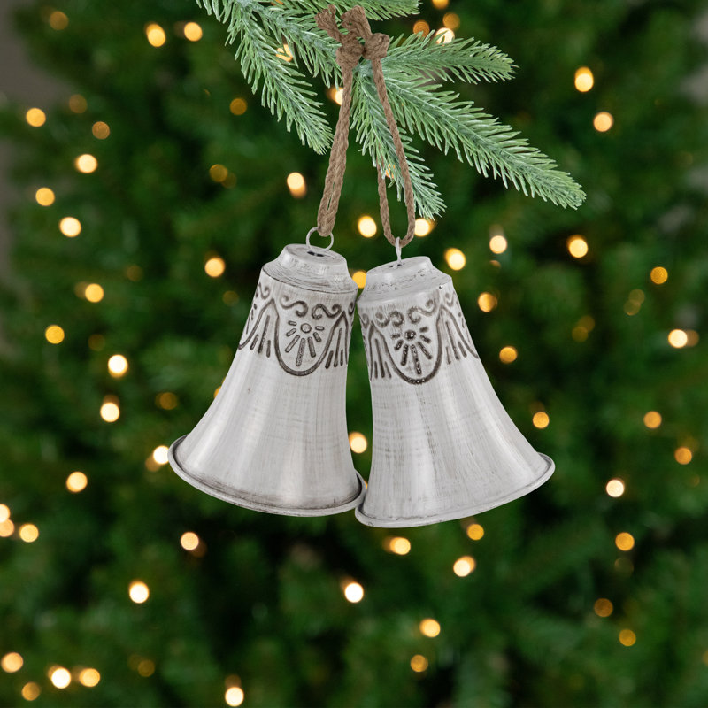 Embossed Christmas Bell Ornaments - 6" - Set Of 2, White