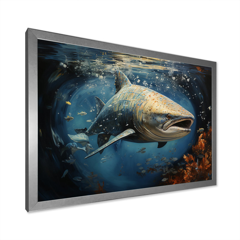 " Gray Blue Shark Elegance II ", Silver Picture Framed, 16" H x 32" W x 1" D