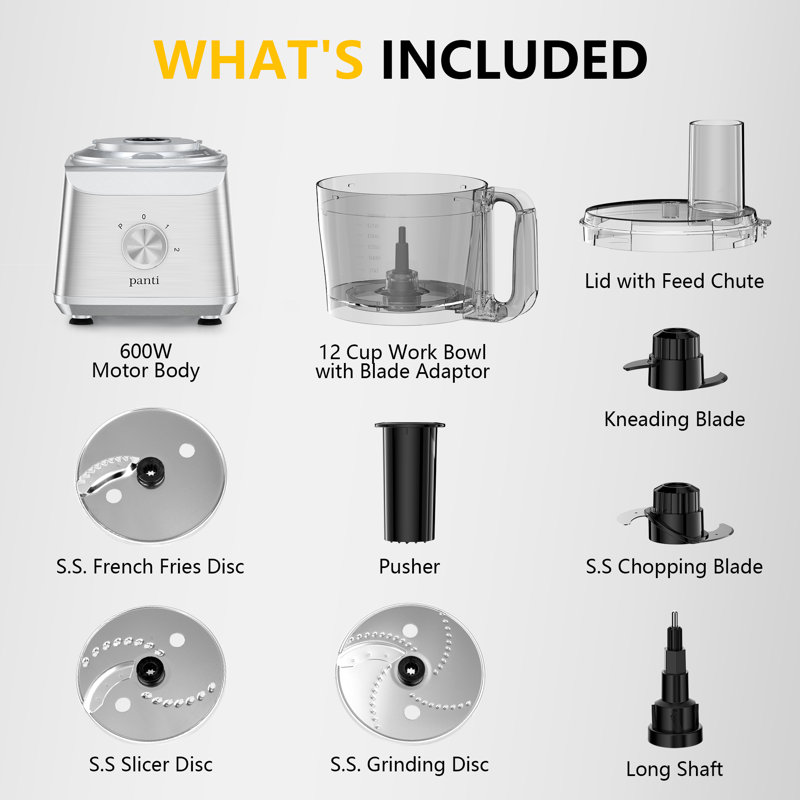 Panti 12 Cup Food Processor, 600W 4 Functions Vegetable Chopper For Chopping, Slicing, Purees & Dough, 3 Blades, Silver