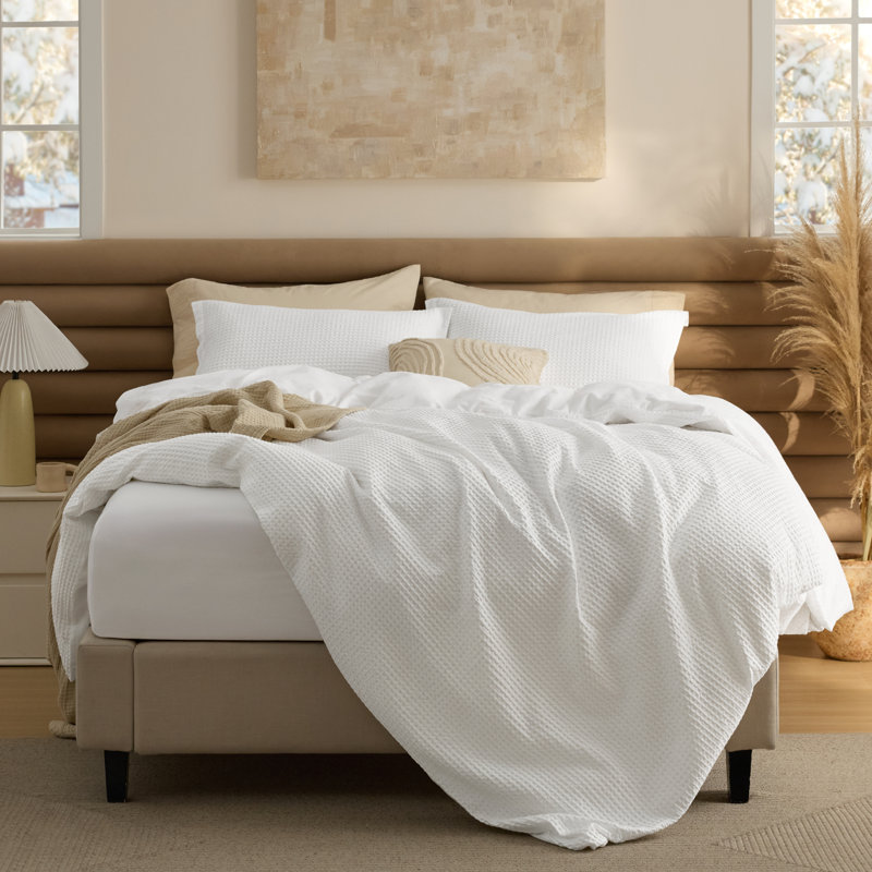  Ensemble de housse de couette 100% coton avec drap-housse - ensemble de literie tissé gaufré (ensemble de 4), Blanc