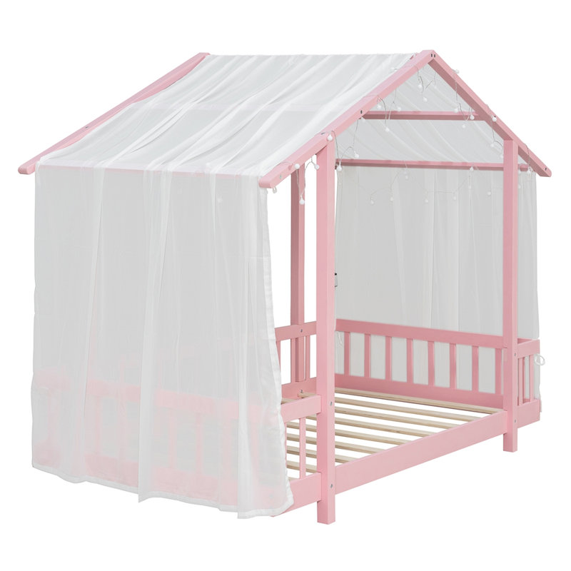 Lit plateforme simple avec auvent en tissu transparent et guirlandes de lumières, rose, Twin, Rose