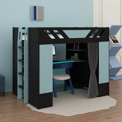 Lit mezzanine avec bureau, tablettes de rangement et rideaux occultants, cadre de lit mezzanine en bois avec lumières RVB et prise USB