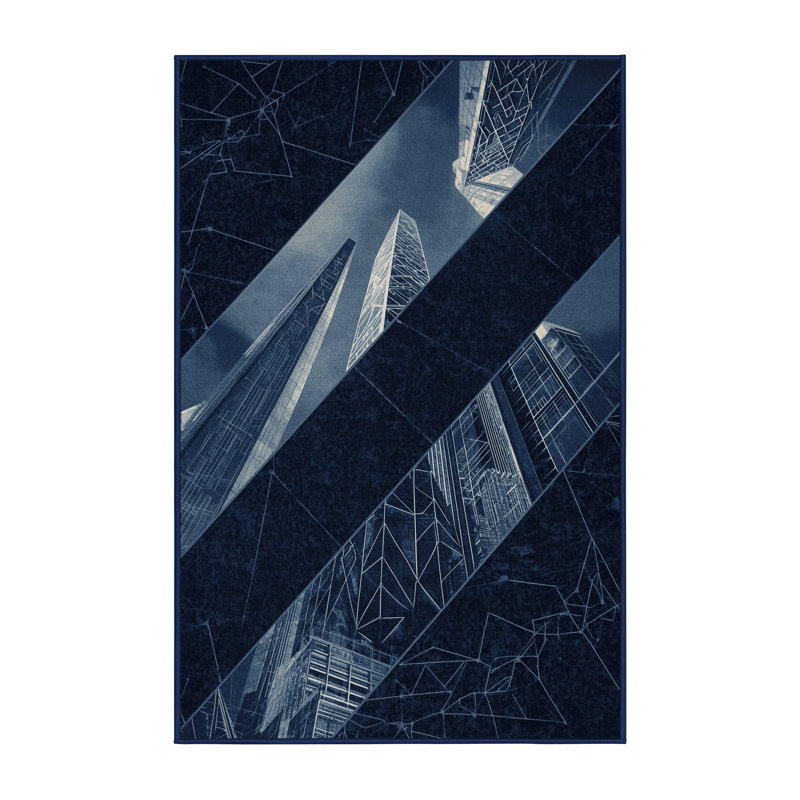 Tapis bleu moderne délavé à la machine Aidan Alien City, 8 x 12