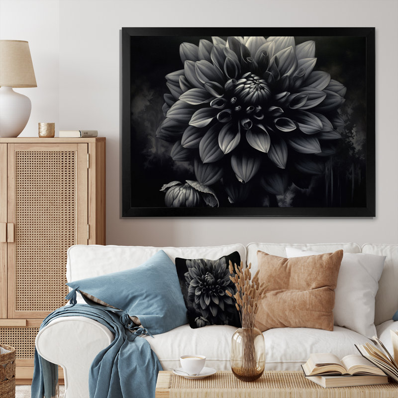«Black White Garden Dahlia», palette sur toile, H 12 po x l 20 po x P 1 po, Cadre simple noir