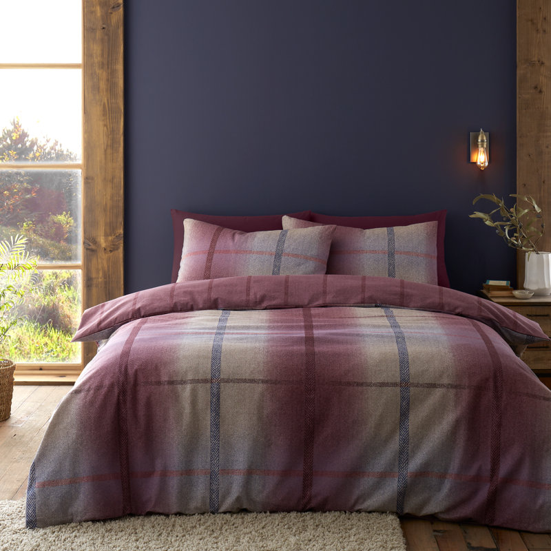 Brushed Cotton Melrose Tweed Check Reversible Duvet Cover Set, Plum, Kingsize Duvet Cover + 2 Standard Pillowcases