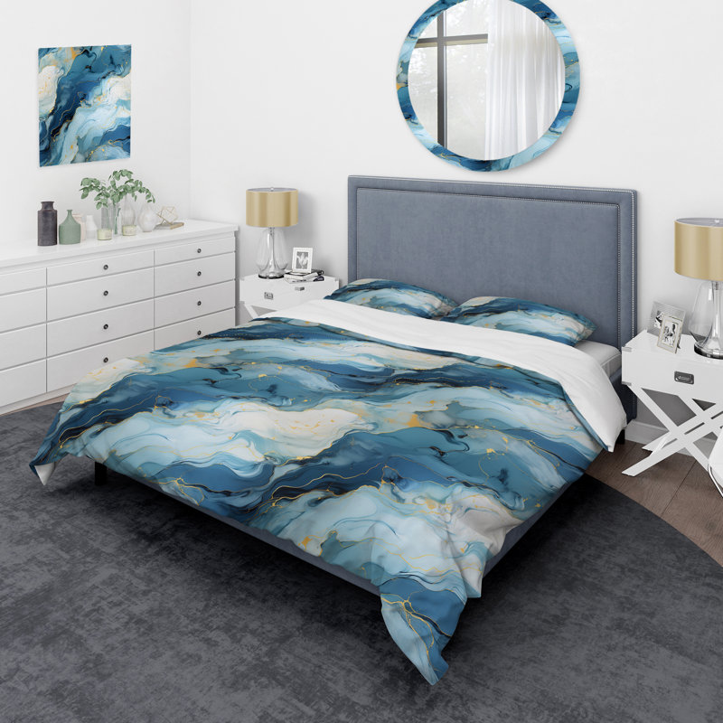 Literie en marbre zen bleu et blanc I, Housse de couette simple + 1 taie décorative stan