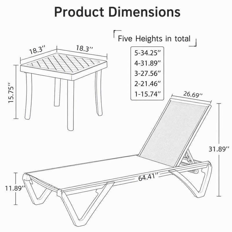 Ensemble de chaise longue d'extérieur inclinable avec dossier réglable, table d'appoint et roulettes pour une détente confortable dans divers environnements extérieurs