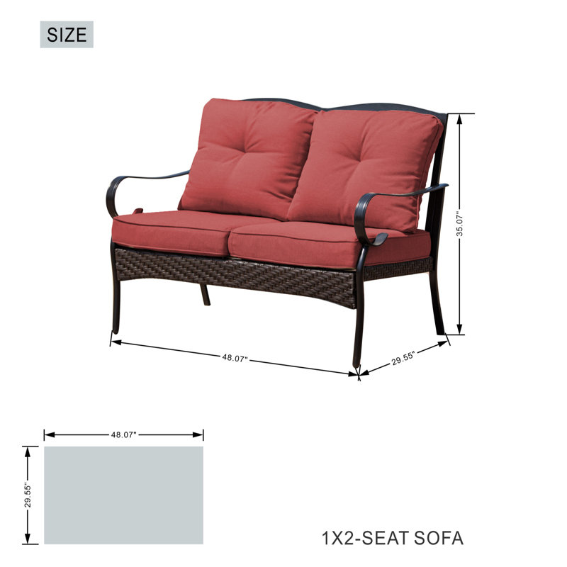 W48 In. Outdoor Metal Wicker Loveseat With Red Cushions