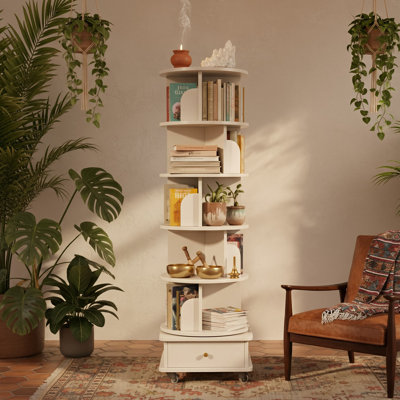 Modern 6-Tier Rotating Bookshelf In White, 360° Spinning Tower With Wheels & Drawer For Small Spaces
