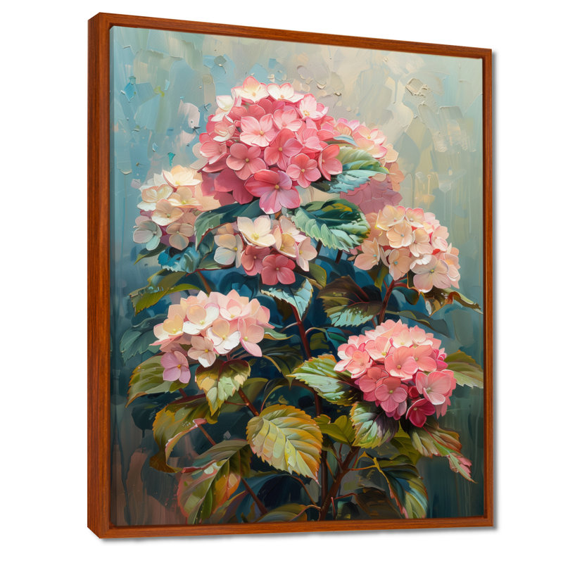 Hortensia rose et bleu qui fleurit en été IV - hydrangées, art mural, H 12 po x l 20 po, Cadre flottant brun