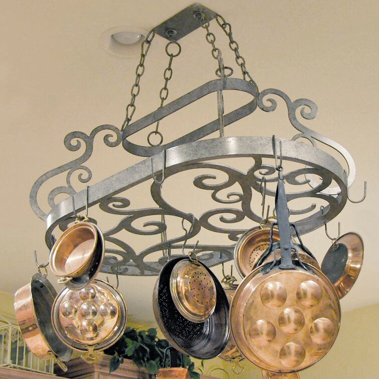 Forged Wrought Iron Lighted Pot Rack - Oval Copper - Iron Accents