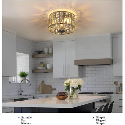 Modern 3-Light Crystal Chandelier Flush Mount Ceiling Fixture For Living Room, Dining Room, Bedroom, Kitchen, Hallway, Entryway, Foyer