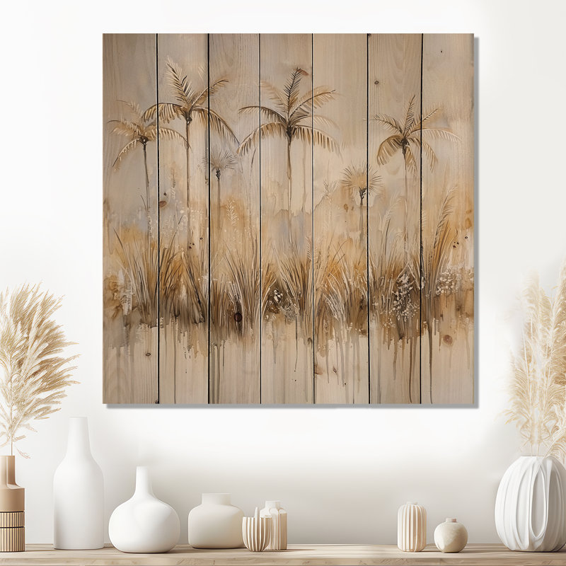 Minimal Florida Palm Trees II - impression traditionnelle en bois noir sur bois de pin naturel, H 25 po x l 25 po