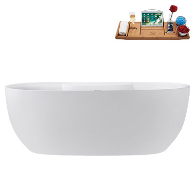 67" Streamline Soaking Glossy White Freestanding Tub and Tray With Internal Drain