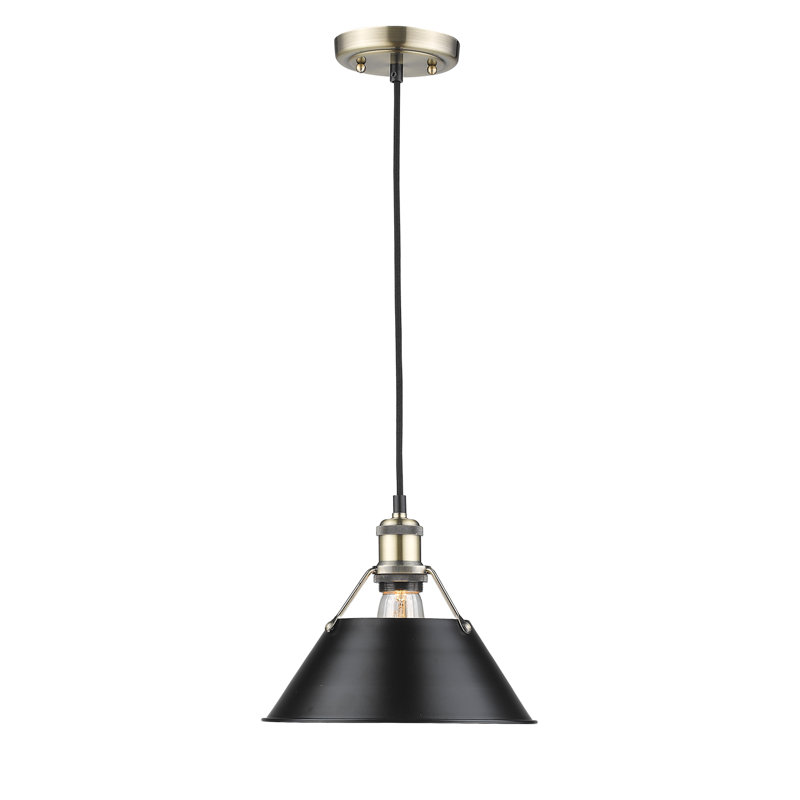 Luminaire suspendu conique à 1 lumière Weatherford, Noir, Laiton vieilli, H 130 po x l 10 po x P 10 po