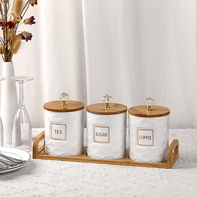 Ensemble de 3 pots à thé en céramique avec couvercle et plateau | Couvercle et poignée en bambou hermétique, contenant de rangement décoratif luxueux pour comptoir de cuisine, salle à manger, bar