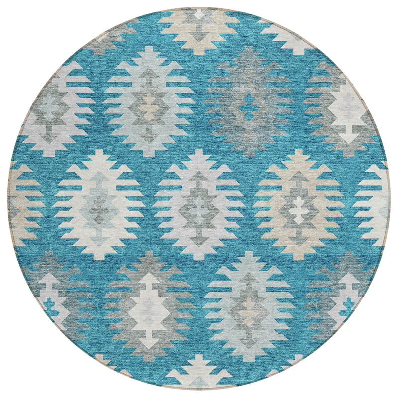 Tapis rond 8 pi bleu sarcelle lavable pour l'extérieur Southwestern