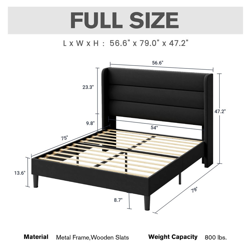 Modern Velvet Upholstered Platform Bed With Wooden Slats Wingback Headboard Included, Full, Black