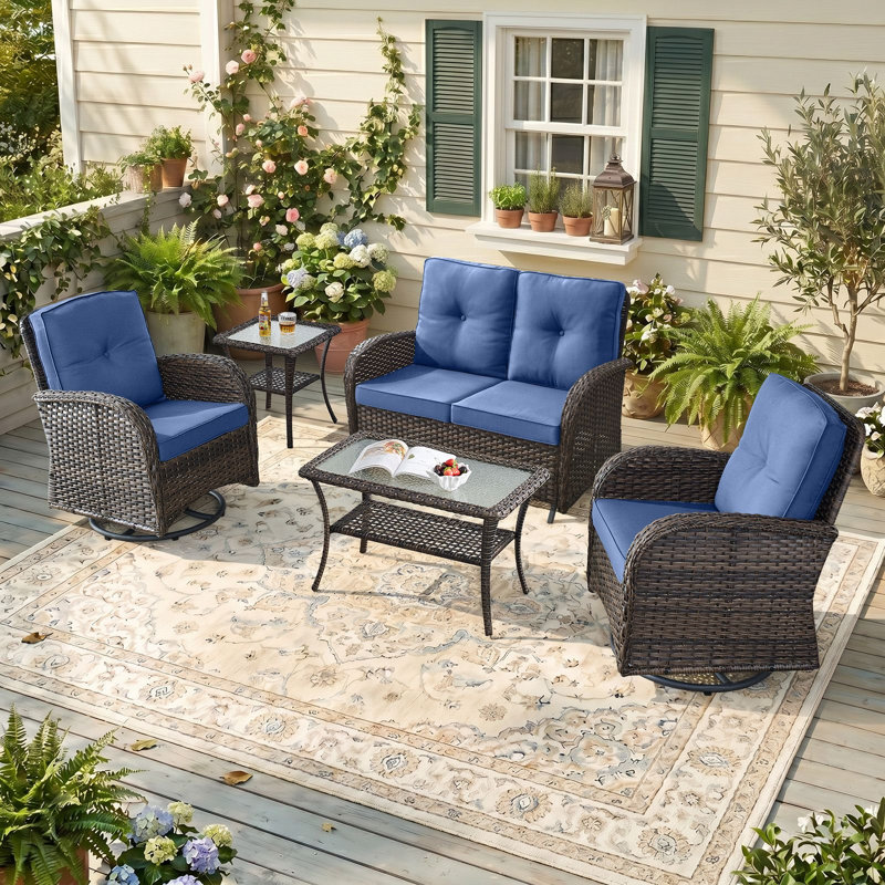 Ensemble de conversation de patio extérieur en résine tressée de 5 pièces, résistant aux intempéries, avec chaises pivotantes