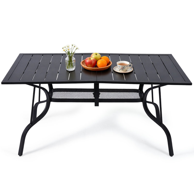 Table de salle à manger d'extérieur 63 po x 38 po pour 6 personnes, table de patio rectangulaire en métal avec trou de parasol réglable pour le jardin, la cour et le porche, noir