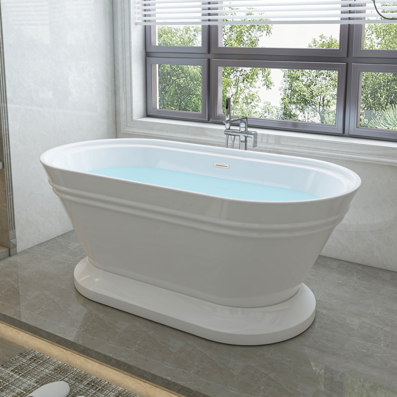 59" x 30" Freestanding Soaking Acrylic Bathtub, White/Brushed Nickel