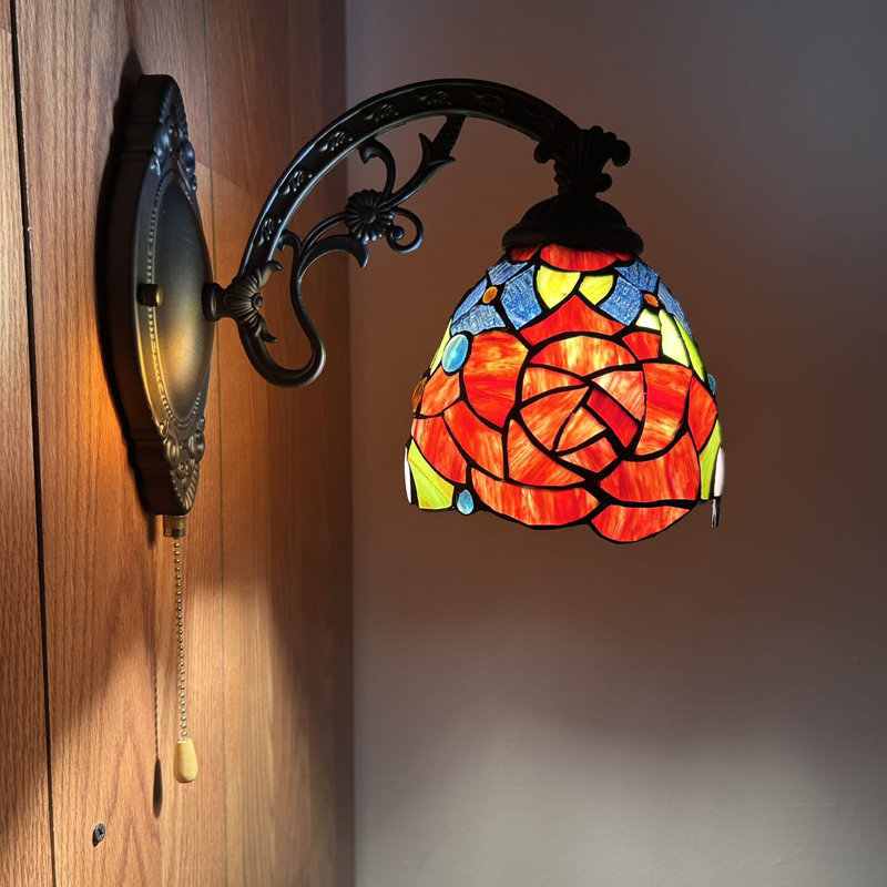 Simonson Tiffany Sconce Lamps Red Orange Stained Glass Rose Flowers Pull Chain Switch LED Bulb Included 6"W*11"D*9"H
