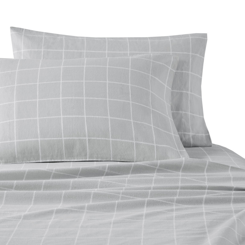 Cozy Flannel 100% Cotton Sheet Set, Queen Sheet Set with 2 Pillowcases, Gray Windowpane