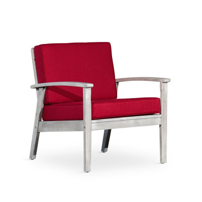 Fauteuil profond en eucalyptus, fini gris argenté, coussin bourgogne