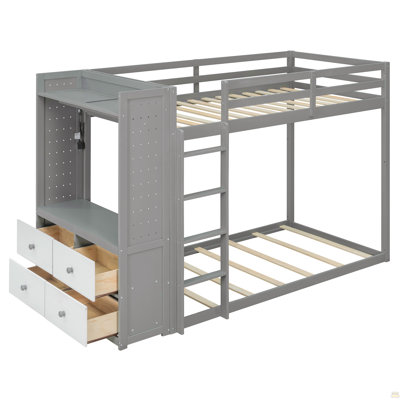 Twin Size Bunk Bed with 4 Storage Drawers, Hanging Rail, Light Strip and Built-in Shelves & Dual Pegboards, 3 Colors Available,Gray