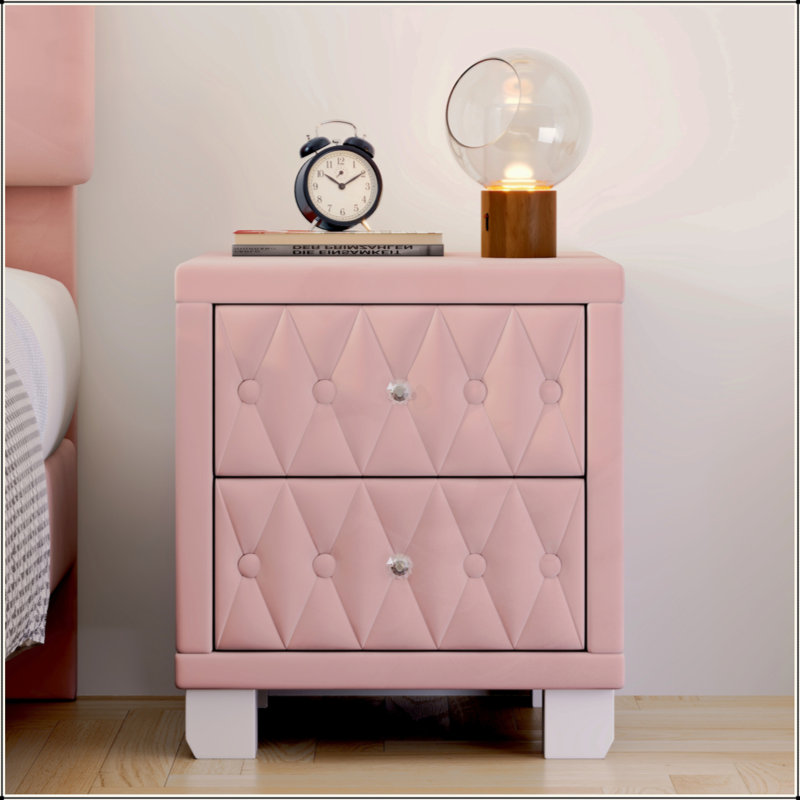 Élégante table de chevet en velours avec 2 tiroirs et poignée en cristal, table de chevet avec capitonnage, Rose