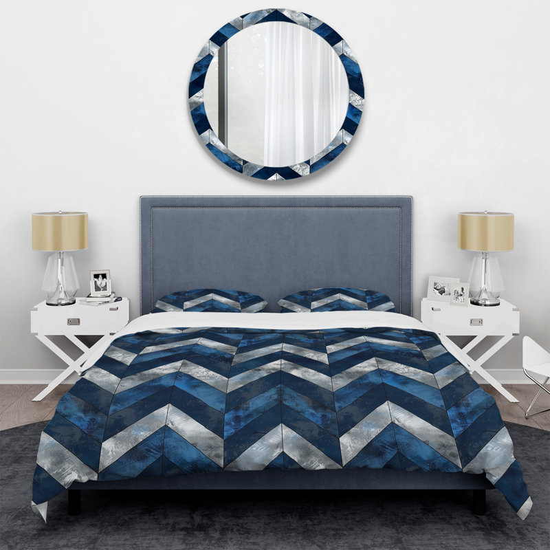 Ensemble de housse de couette transitionnelle Blue Chevron Glam, Housse de couette simple et deux taies décorative
