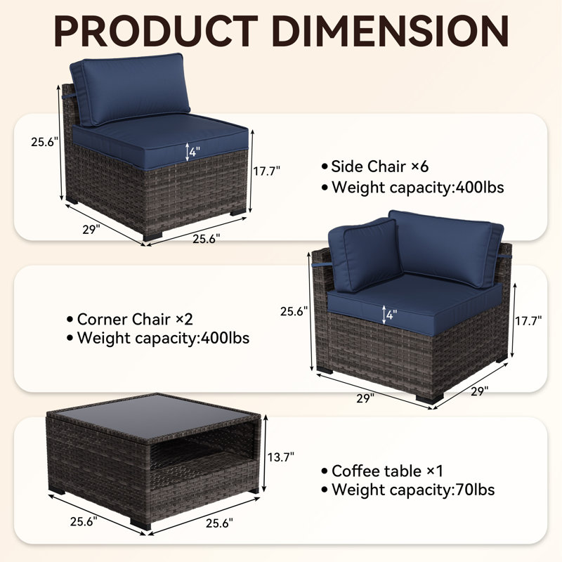 8-Person All-Weather Wicker Modular Patio Conversation Set with Thick Supportive Cushions, Blue