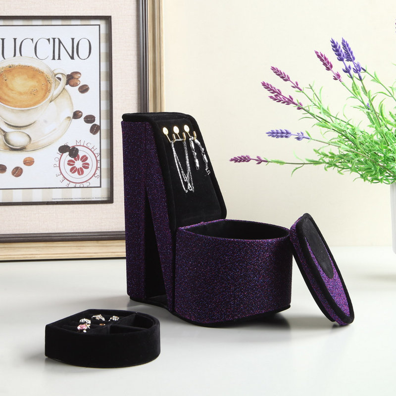 Boîte à bijoux haute 9 po avec crochets, chaussures à talons hauts, Mauve