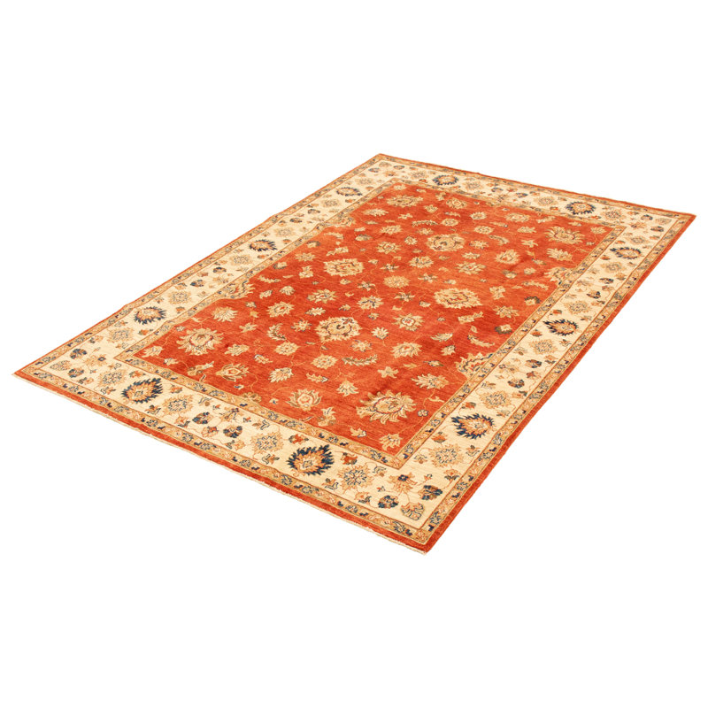 Tapis décoratif rouge/beige en laine de conception unique 6 pi 7 po x 9 pi 7 po noué à la main New Age