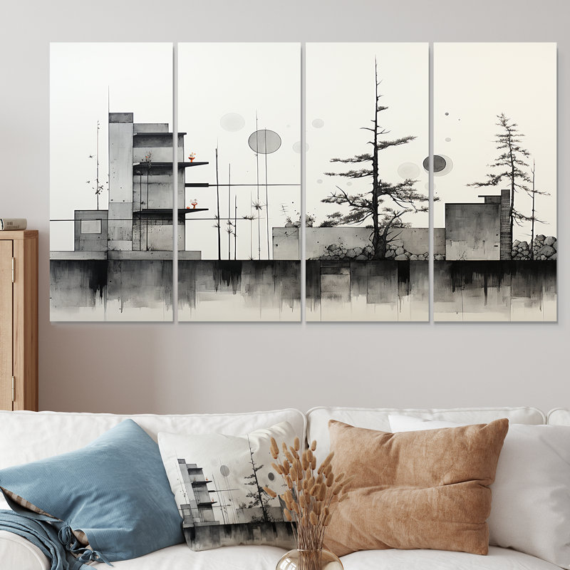 Ensemble de 4 décorations murales gris et gris Greometric, H 28 po x l 48 po