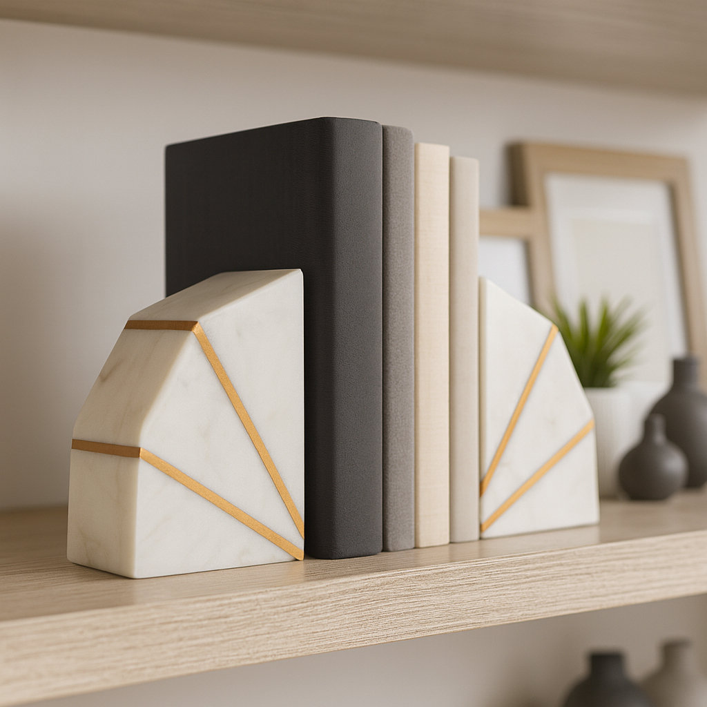 5.5" W Marble Geometric Bookends with Gold Inlay